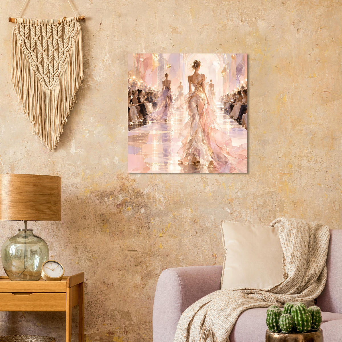 Fashion-Runway-Poster: zwei Models auf dem Laufsteg, durchscheinende Kleider, warme Goldtöne