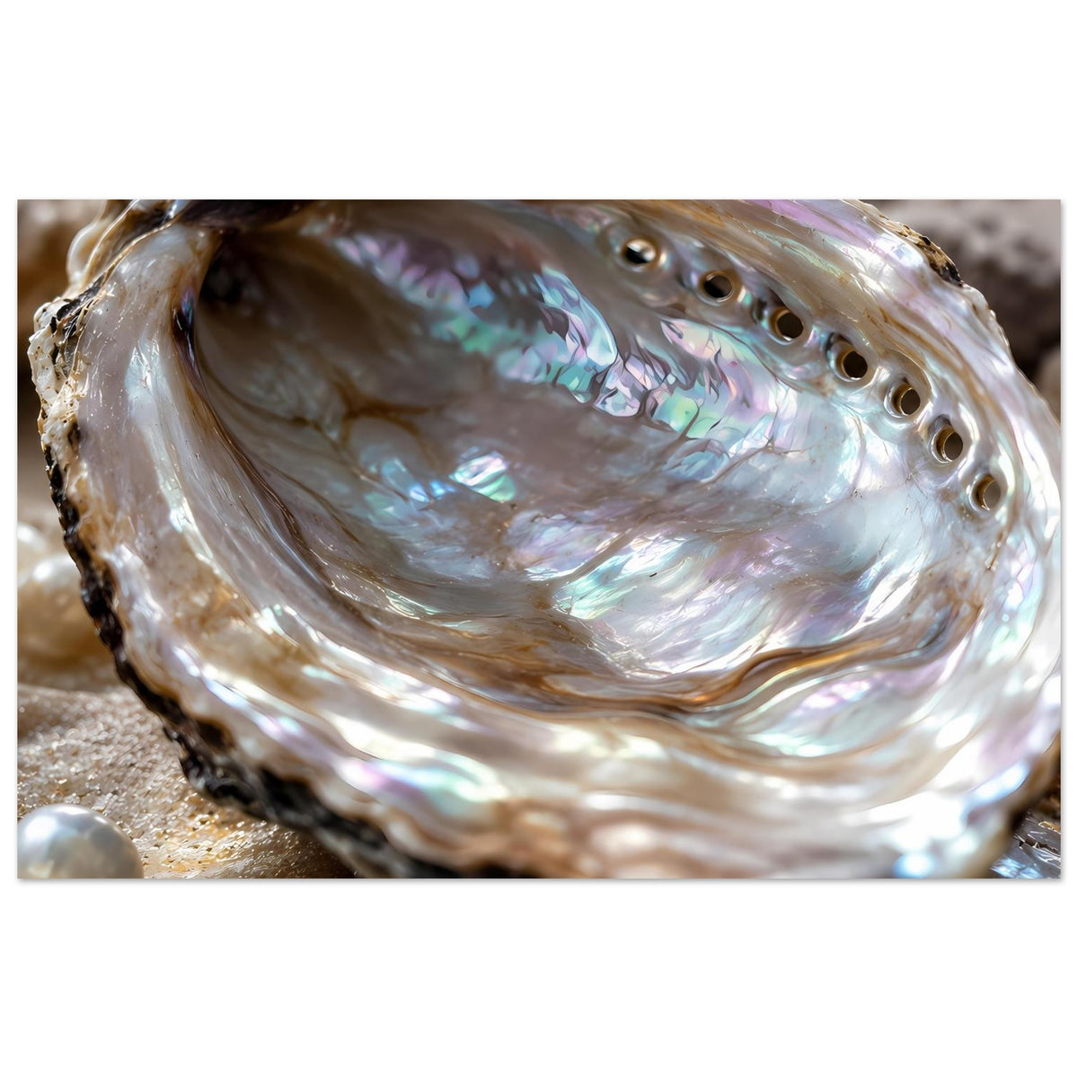 Maritimes Poster: schillernde Abalone-Muschel mit Perlmuttglanz und kleinen Perlen