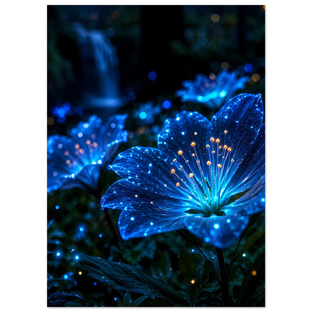 Vertikales Poster mit leuchtend blauen Blüten und goldenen Staubfäden, Tiefenunschärfe im Hintergrund