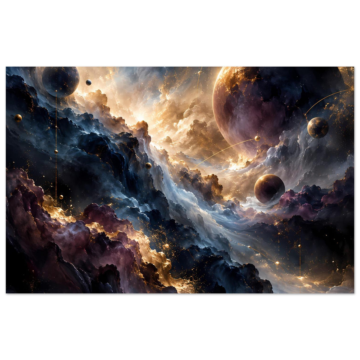 Horizontales Kunstposter mit Weltraumlandschaft, Planeten, Nebeln und goldenem Sternenstaub