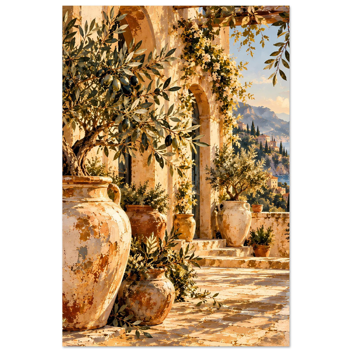 Vertikales Poster mit mediterraner Treppe, Olivenbaum und mehreren Keramikvasen
