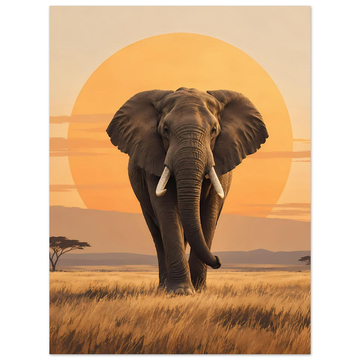 Vertikales Poster: Elefant mit erhobenem Rüssel im orangefarbenen Sonnenuntergang