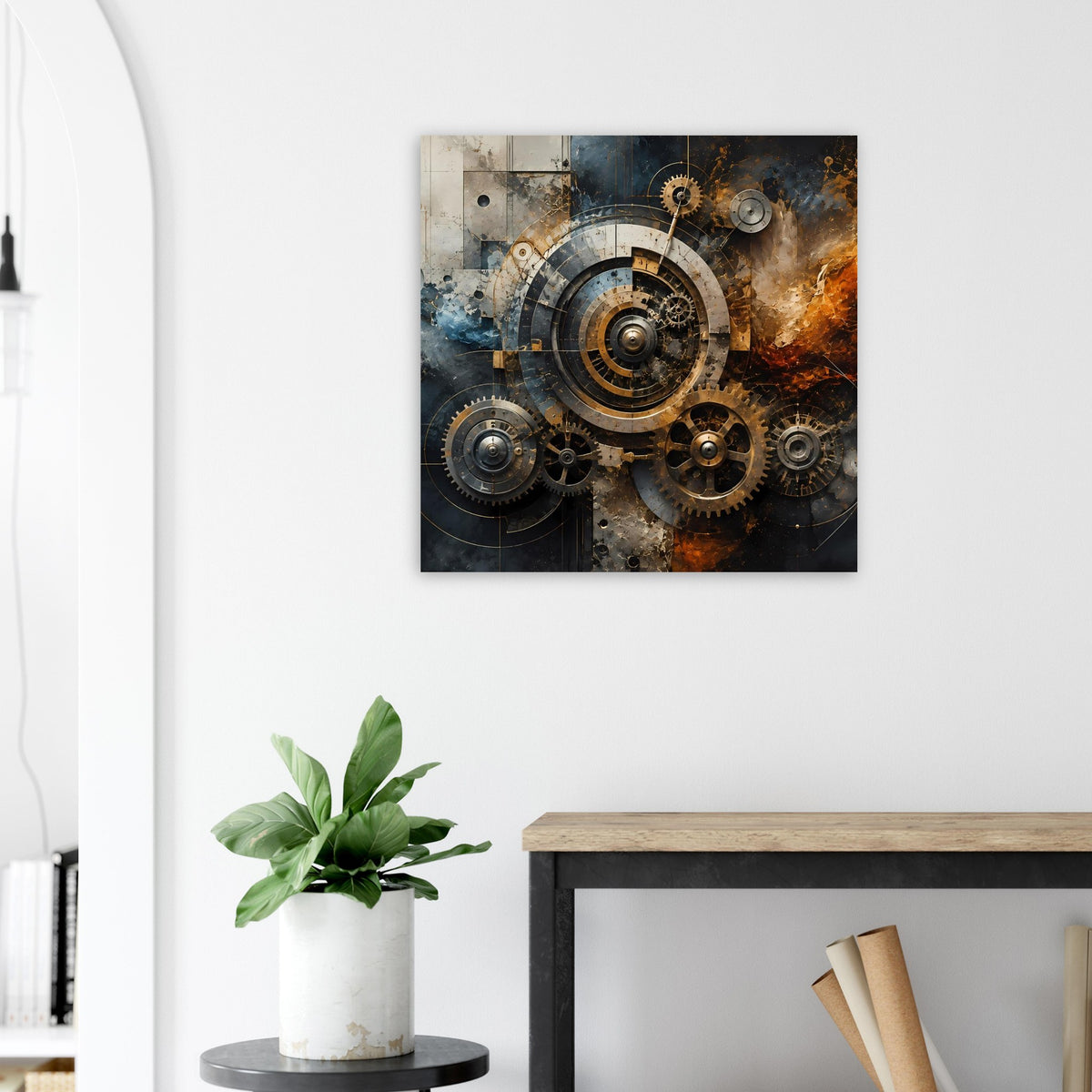 Steampunk-Poster mit detailliertem Zahnrad-Design und warmen Bronzefarben, quadratisch