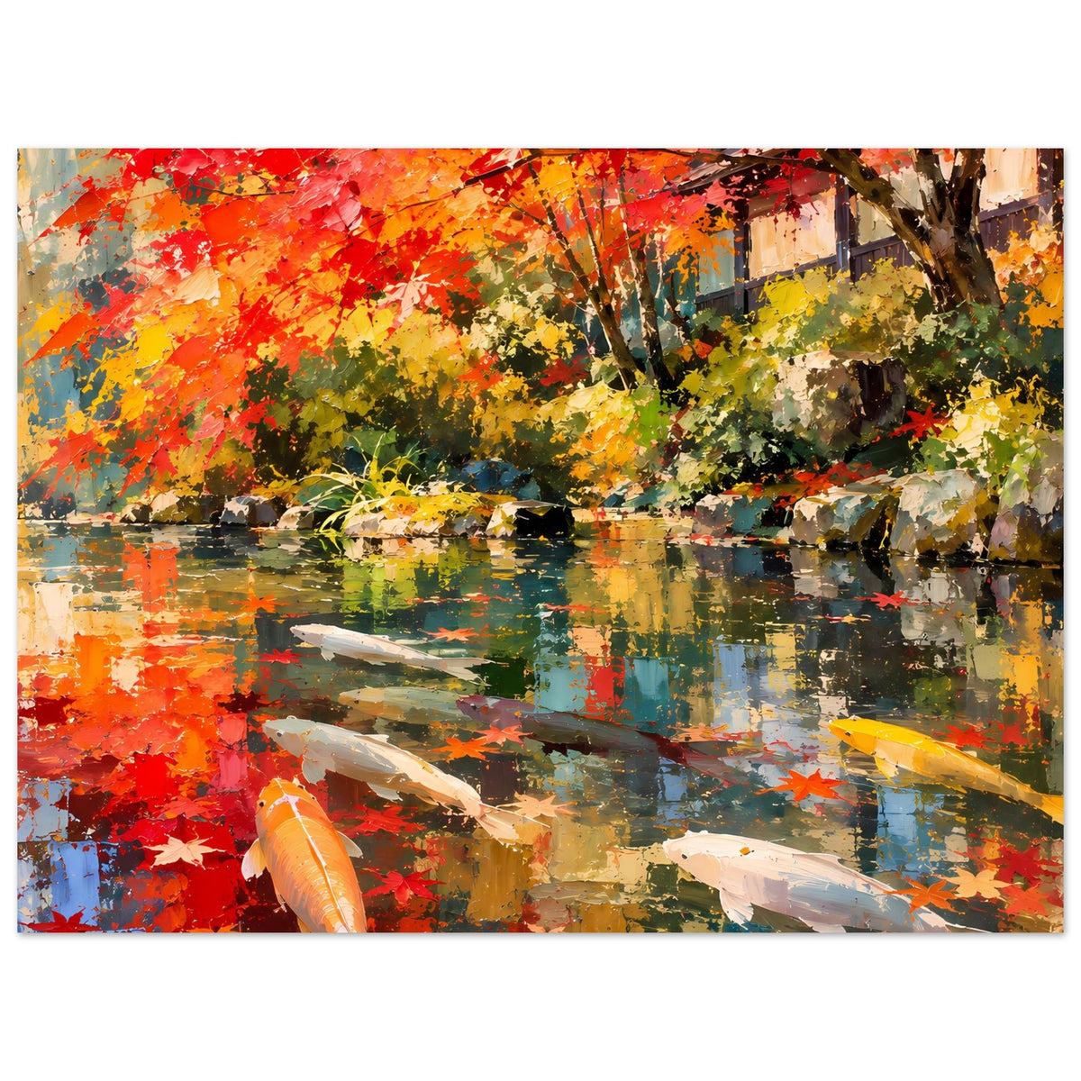 Kunstposter Querformat mit Koi-Schimmern, ruhigem Wasser und farbigen Bäumen im Herbst