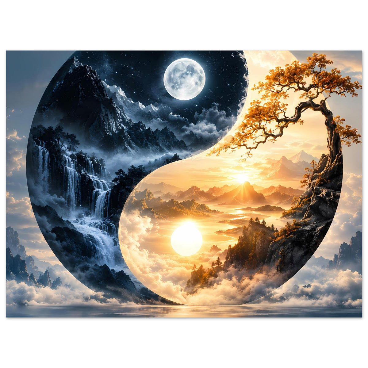 Yin-Yang-Landschaftsposter im Querformat mit Mond, Wolken und leuchtendem Sonnenaufgang