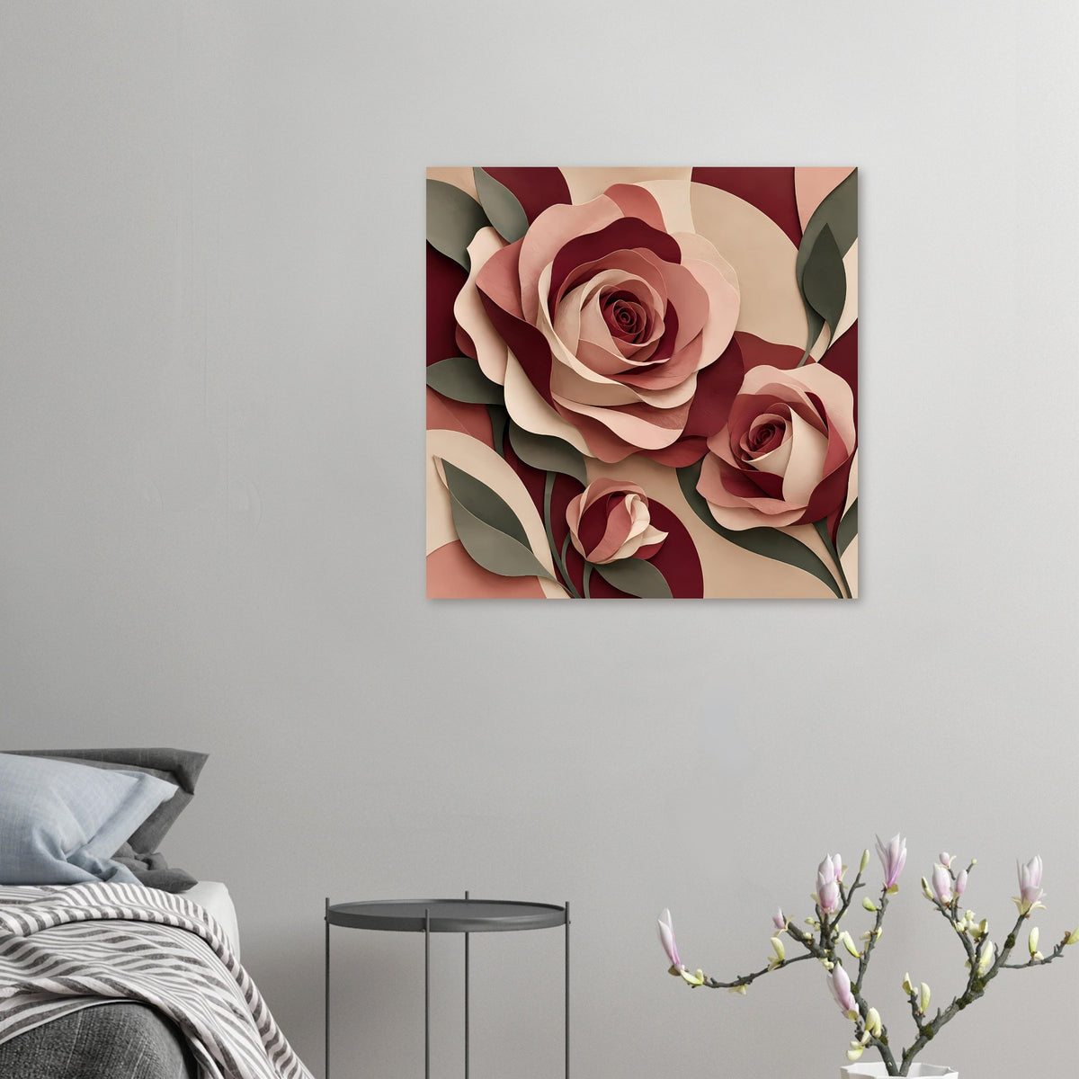 Florales Kunstposter mit Rosen in Burgunder, Rosé und Grün