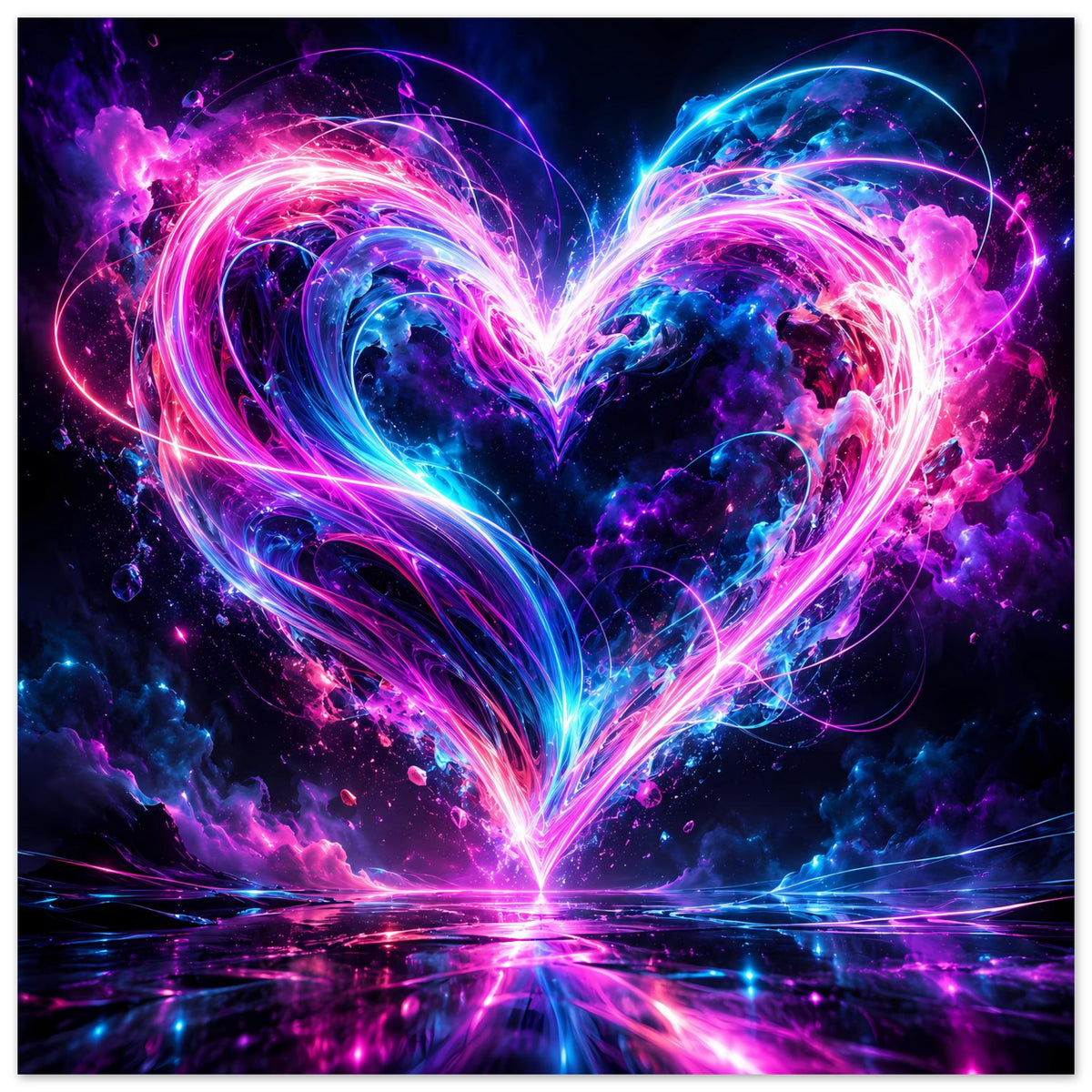Neon-Herz Poster mit rosa-blauen Lichtwirbeln und abstraktem Galaxie-Motiv