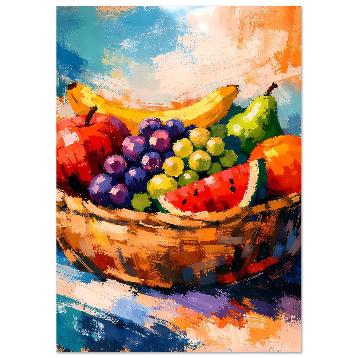 Hochkant-Poster: Früchtekorb in expressiver Malerei mit bunten Trauben und Melone