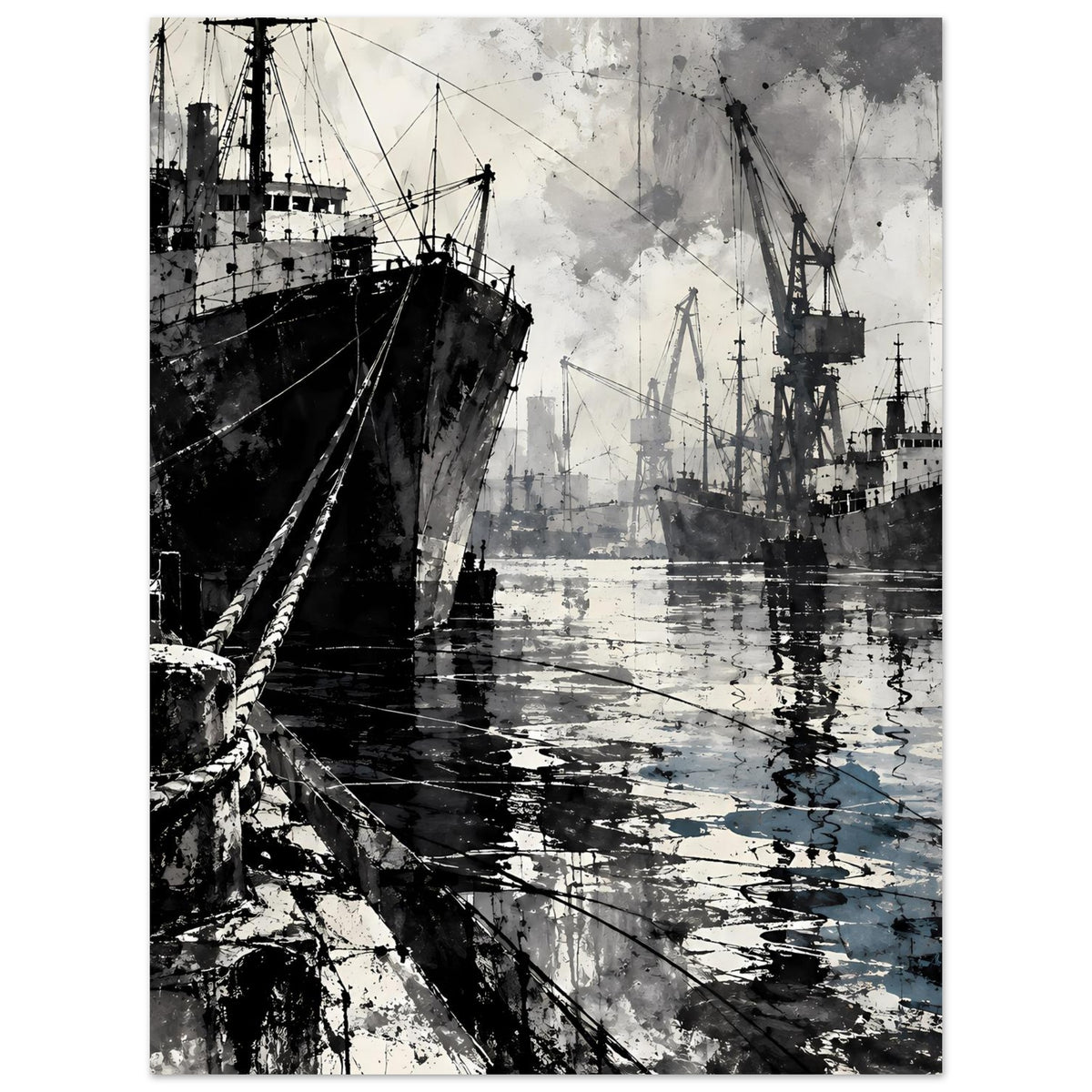 Hafenposter mit Schiff im Vordergrund und Hafenkränen, spiegelnde Wasseroberfläche