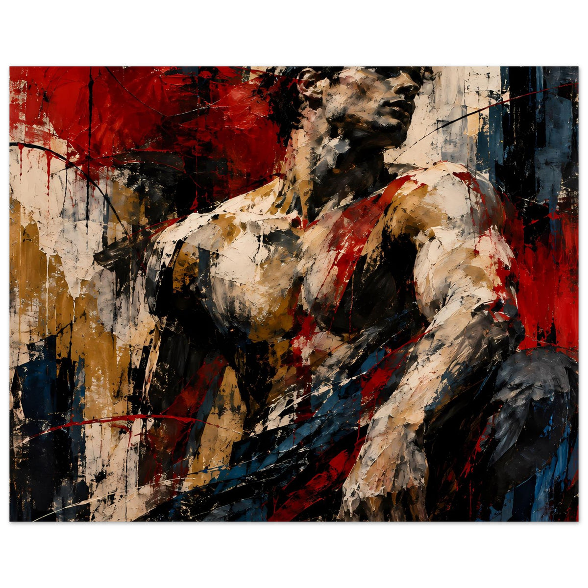 Abstraktes Poster mit Figur im Querformat, dynamische Pinselstriche in Rot, Beige, Dunkelblau