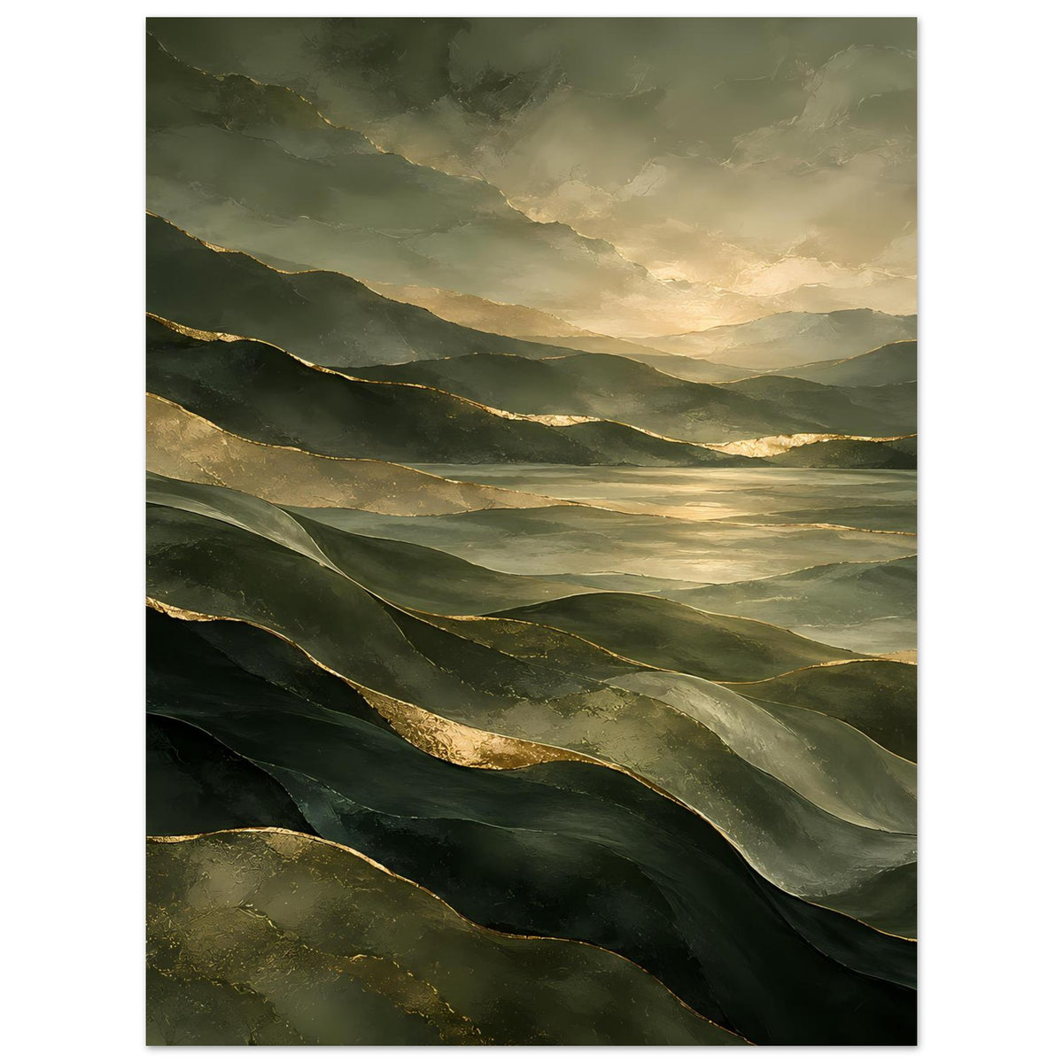 Landschafts-Poster mit grünen Bergkuppen und goldenen Lichtlinien, vertikal.