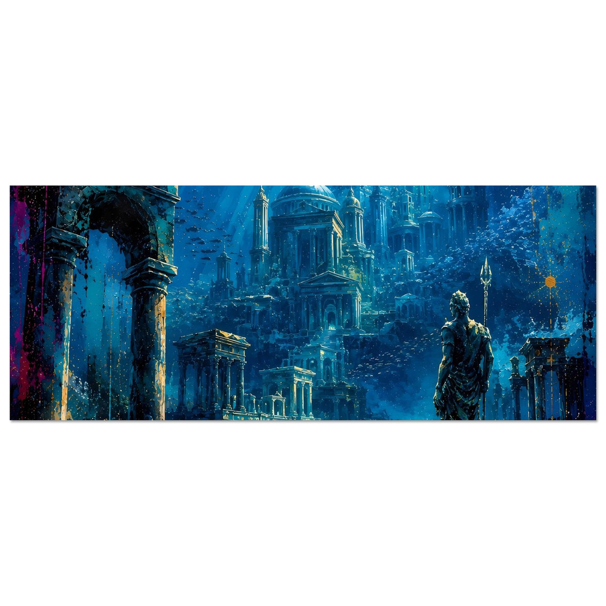 Horizontales Poster mit Unterwasserstadt Atlantis, Blick auf Ruinen und Statue rechts