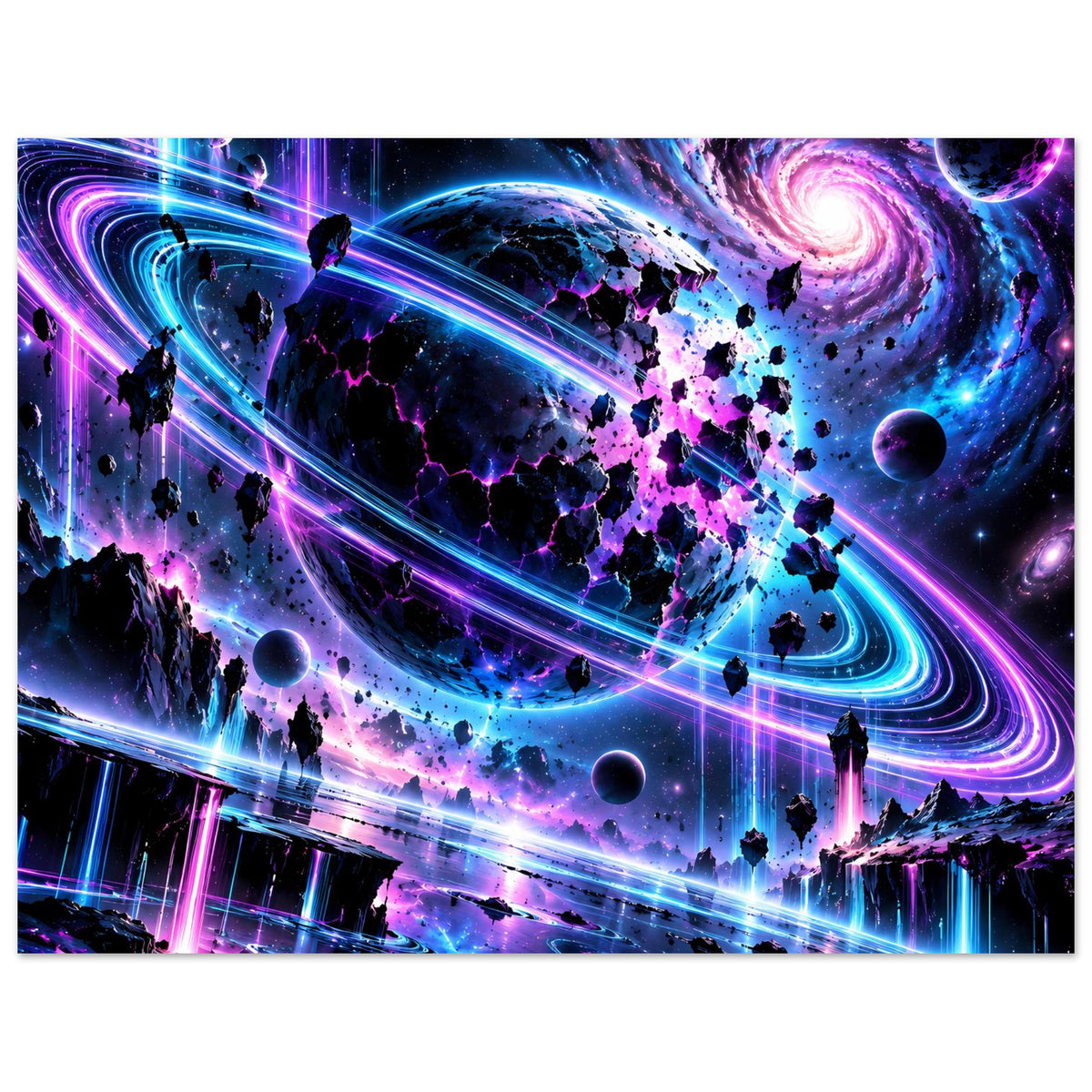 Neon-Galaxie-Poster im Querformat mit Planeten, Spiralnebel und leuchtenden Neonbahnen in Blau/Pink.