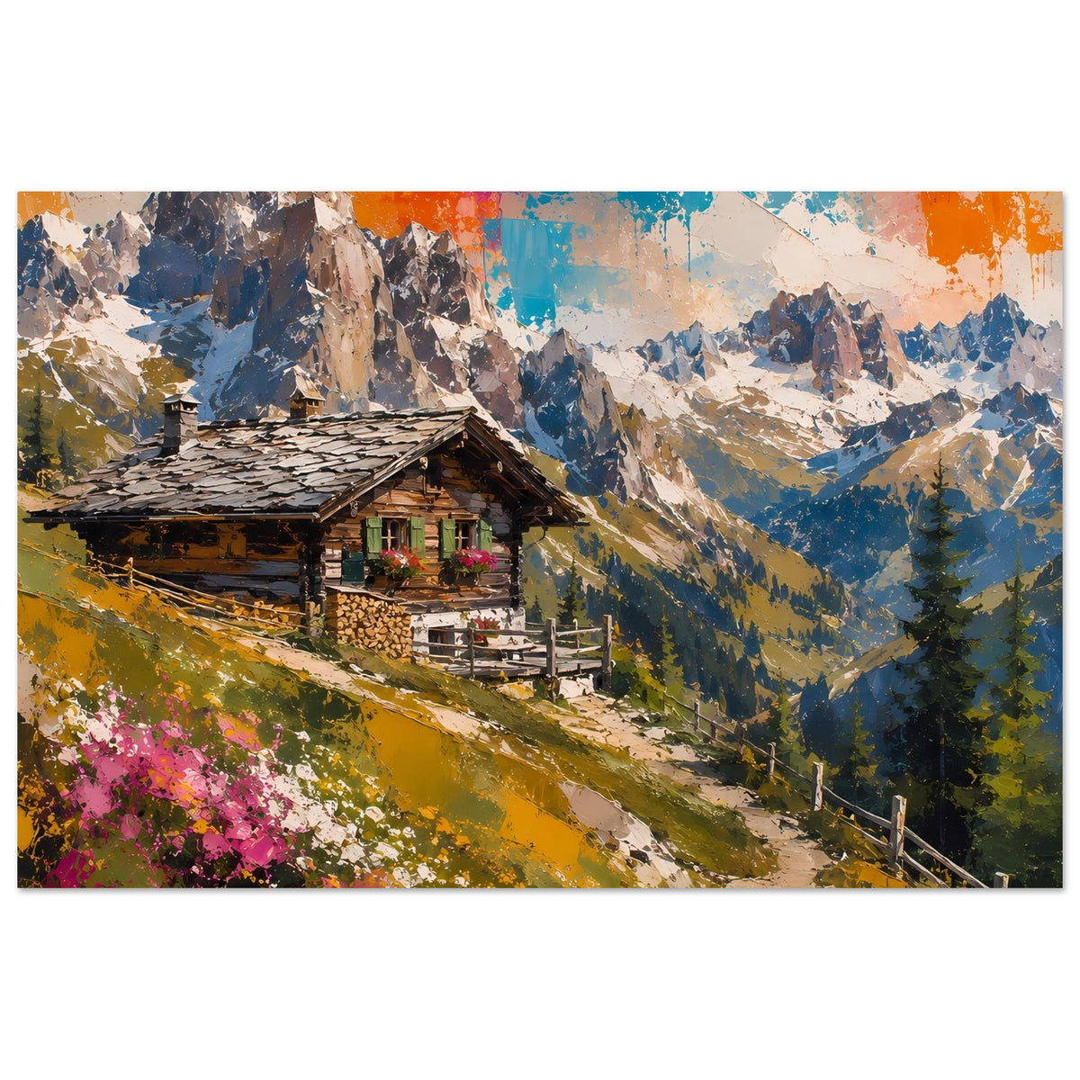 Poster im Querformat, Blick ins Gebirge mit Alpenhütte und leuchtend abstraktem Himmel