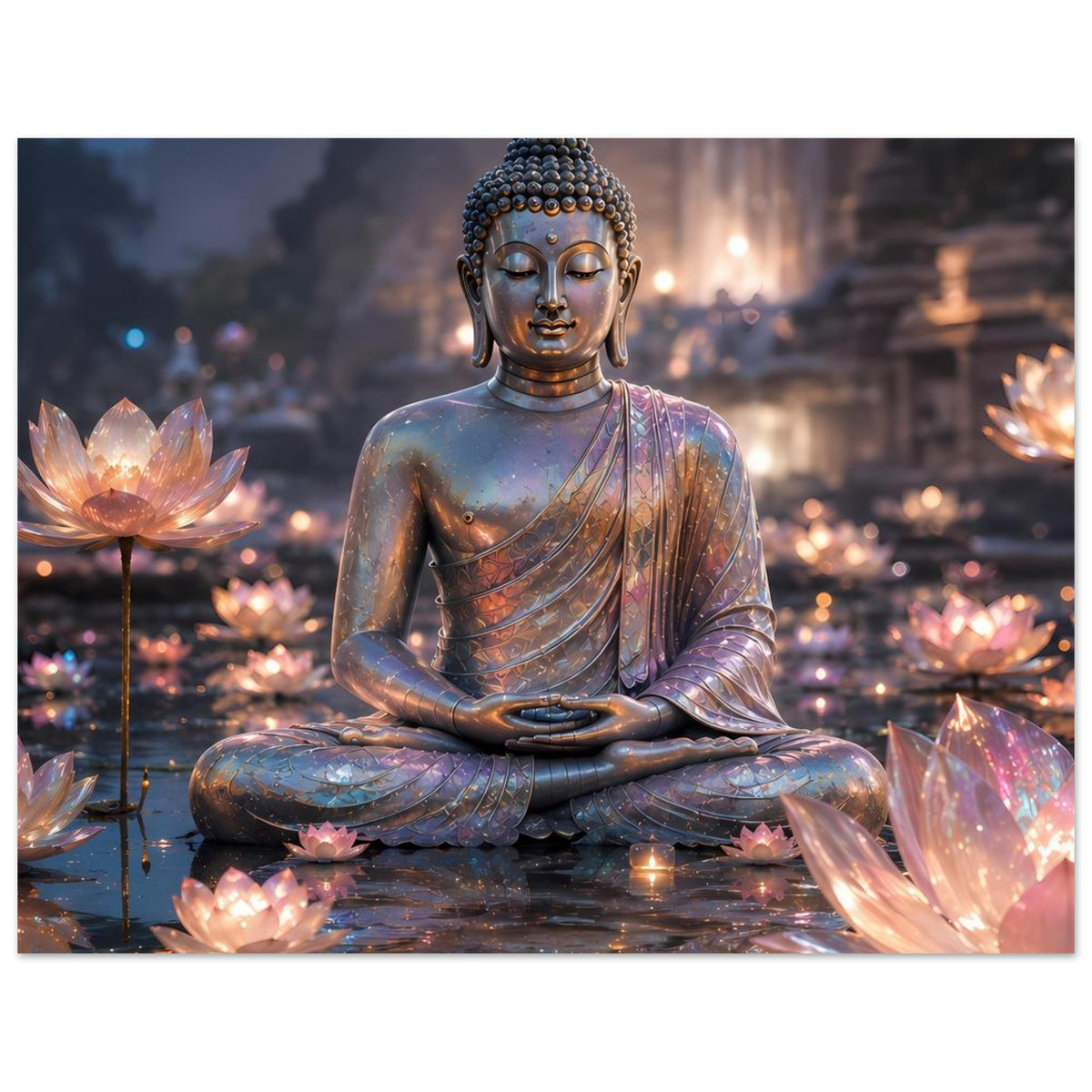 Buddha-Meditationsposter: sitzender Buddha mit dekorativen Lotusblüten und warmen Lichteffekten