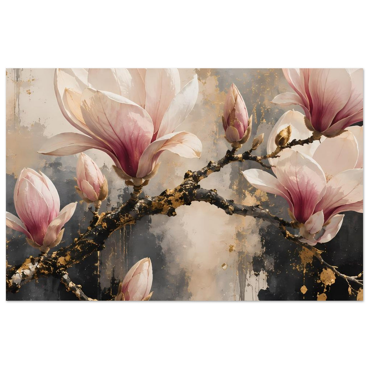 Breitformat-Poster mit Magnolienblüten und goldakzentuiertem Ast, ruhiges Farbspiel