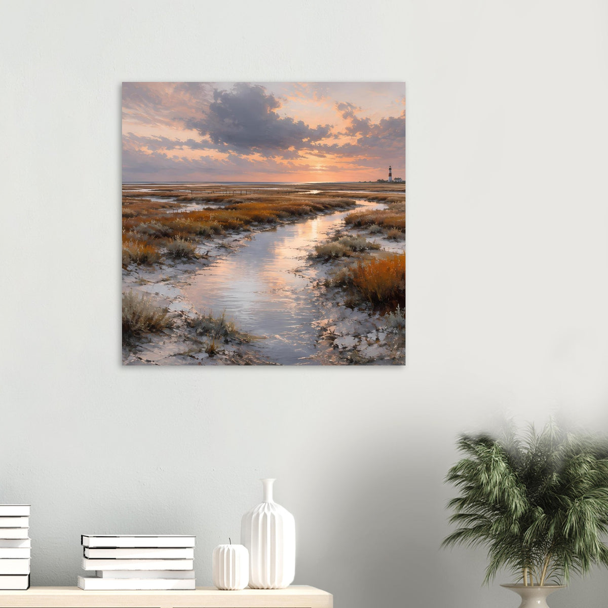 Quadratisches Poster mit Leuchtturm bei Sonnenuntergang über Dünen und schmalem Wasserlauf
