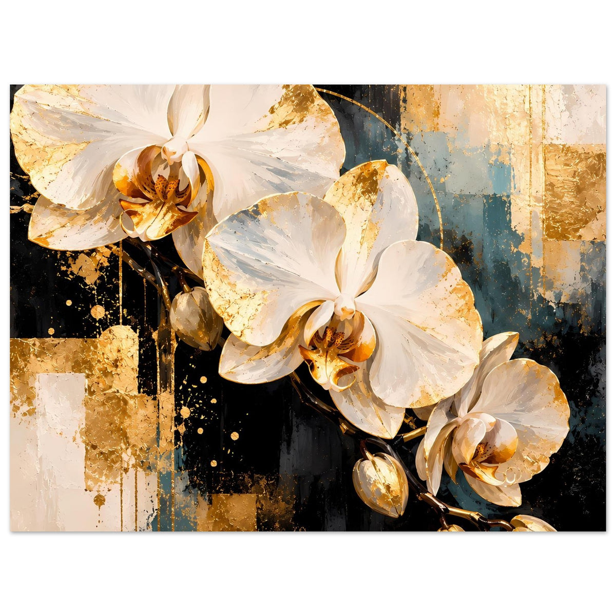 Poster mit weißen Orchideenblüten, goldener Blatt- und Rankenoptik, mehrere Blüten im Vordergrund