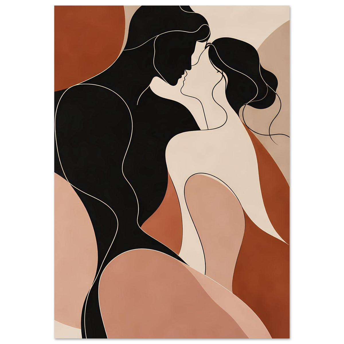 Abstraktes Poster mit zwei Figuren in Nahansicht, schwarze Haare, helle Hauttöne, Erdtöne