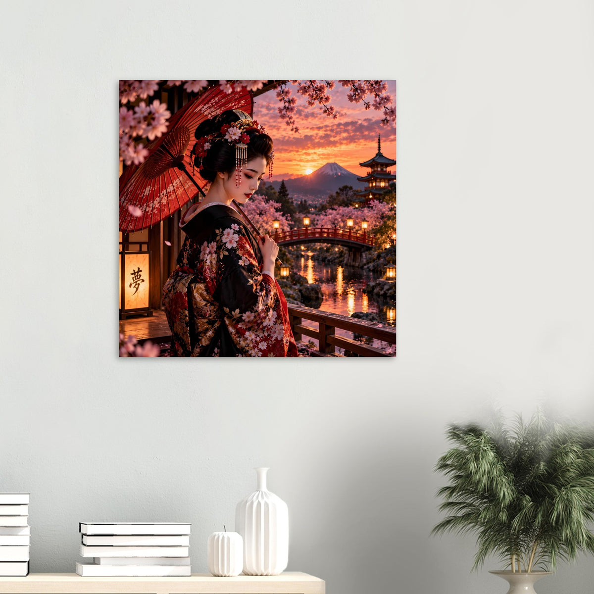 Wandposter (klein): Frau im Kimono, Kirschblüten und roter Schirm, Abendlicht über Brücke