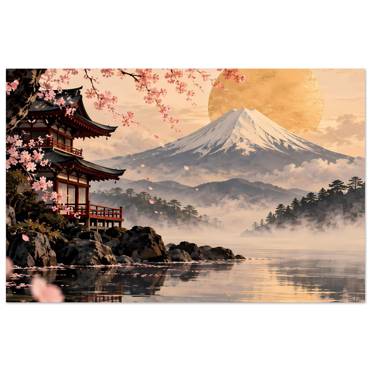 Poster mit Kirschblüten, pagodenartigem Gebäude und Berg Fuji über ruhigem See