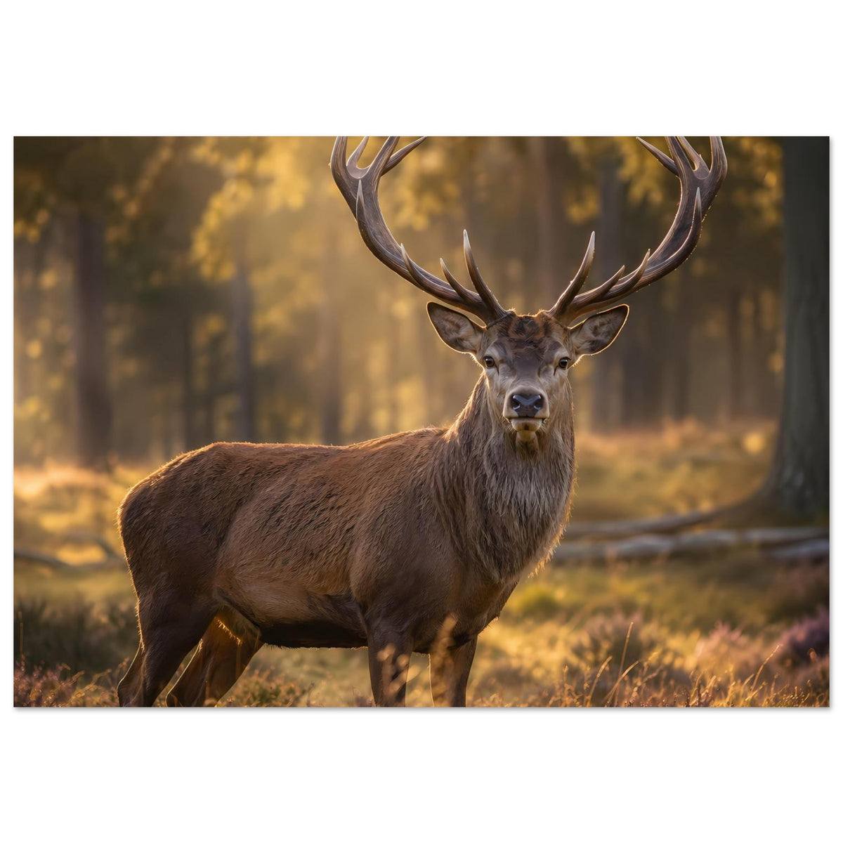 Hirsch-Wandposter, brauner Geweihhirsch seitlich stehend, ausladendes Geweih