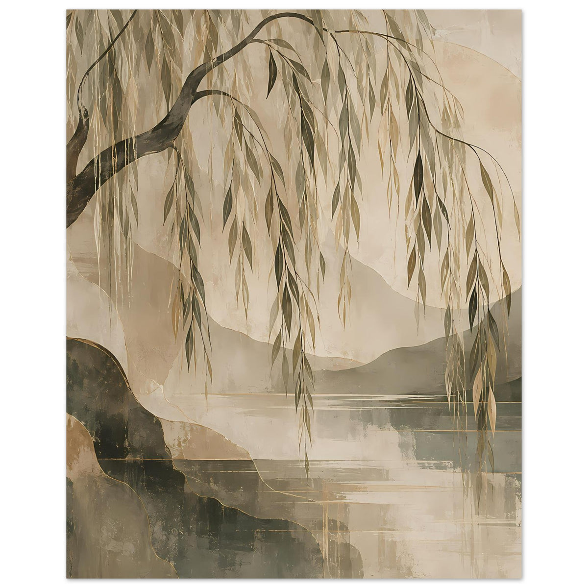 Willowbaum-Kunstposter mit hängenden Blättern, erdige Beige-, Grün- und Grauabstraktion