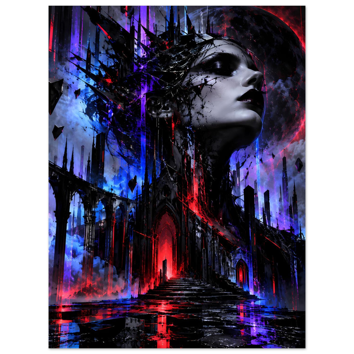 Gothic-Fantasy-Poster mit Gesicht im Profil, dunkle Architektur und Neon-Rot-Blau-Licht