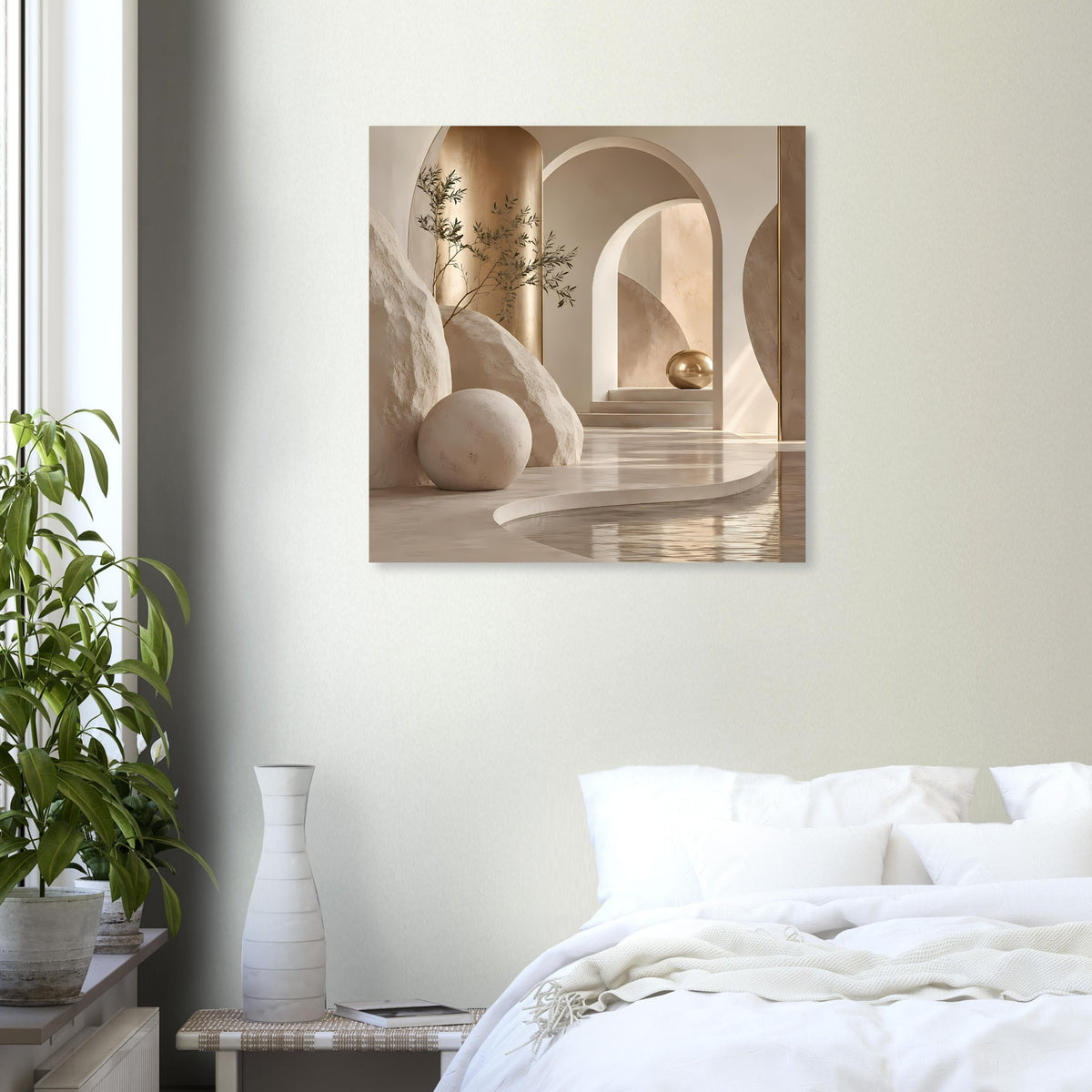 Architekturposter in Sand- und Goldfarben mit Rundbogen und goldener Kugel im Durchgang