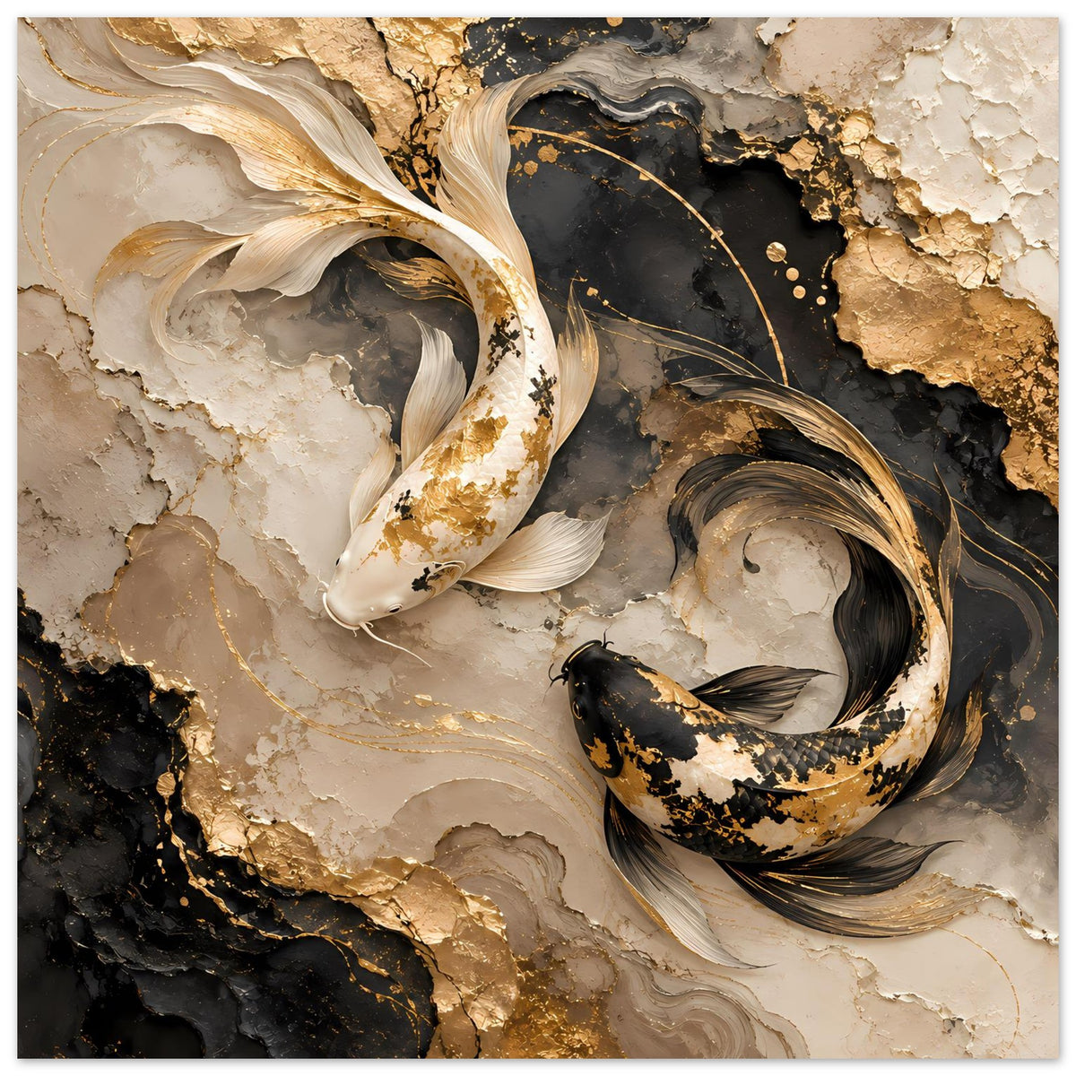 Kunstposter mit goldenen Koi-Fischen, schwarzen Akzenten und marmorierter Steinoptik