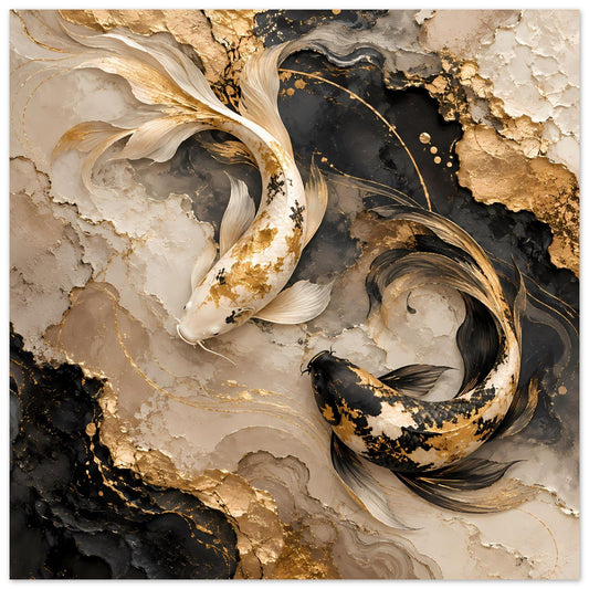 Kunstposter mit goldenen Koi-Fischen, schwarzen Akzenten und marmorierter Steinoptik