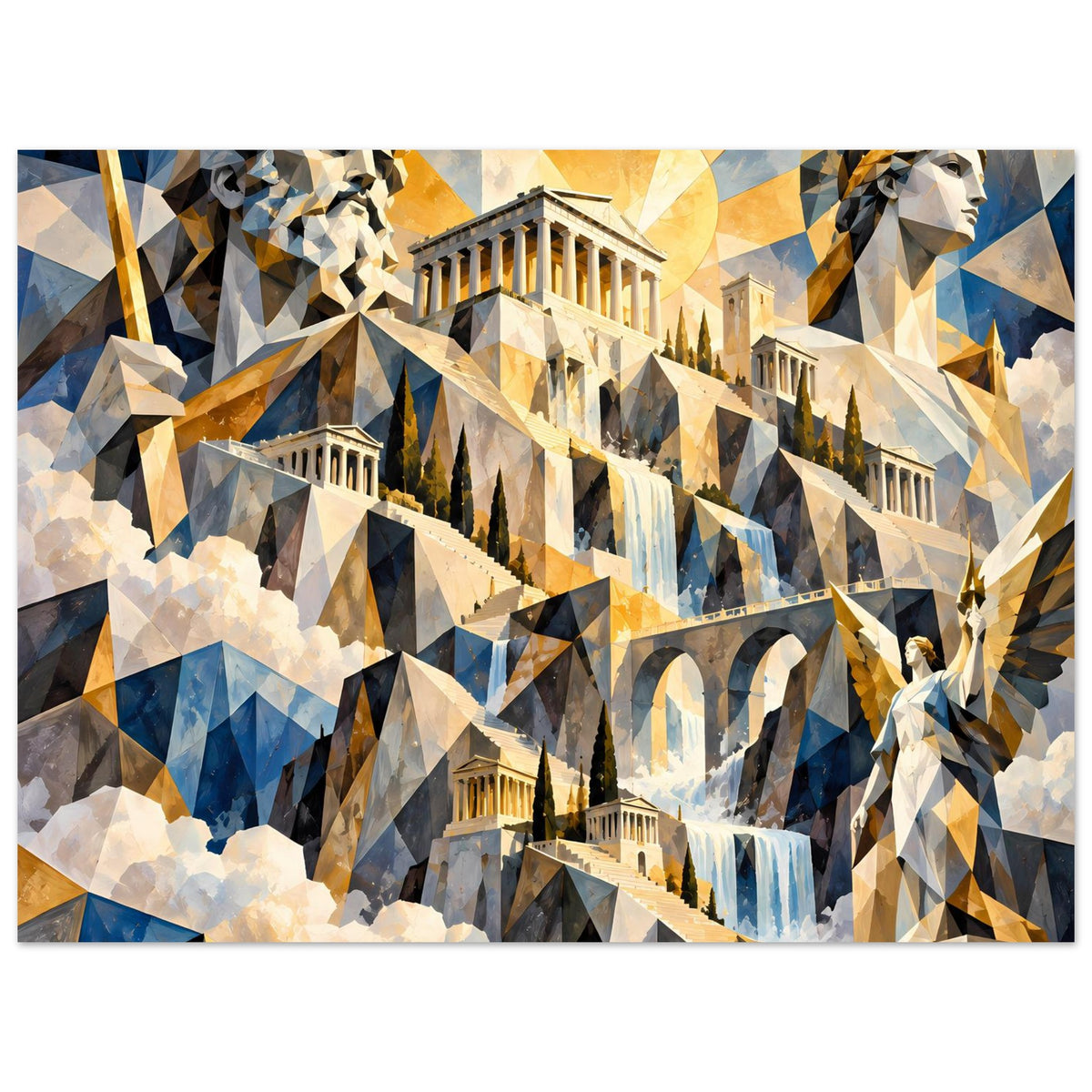 Poster mit Parthenon, Statuenbüsten, Sonnenkreis und Wolken im geometrischen Blau-Gold-Design