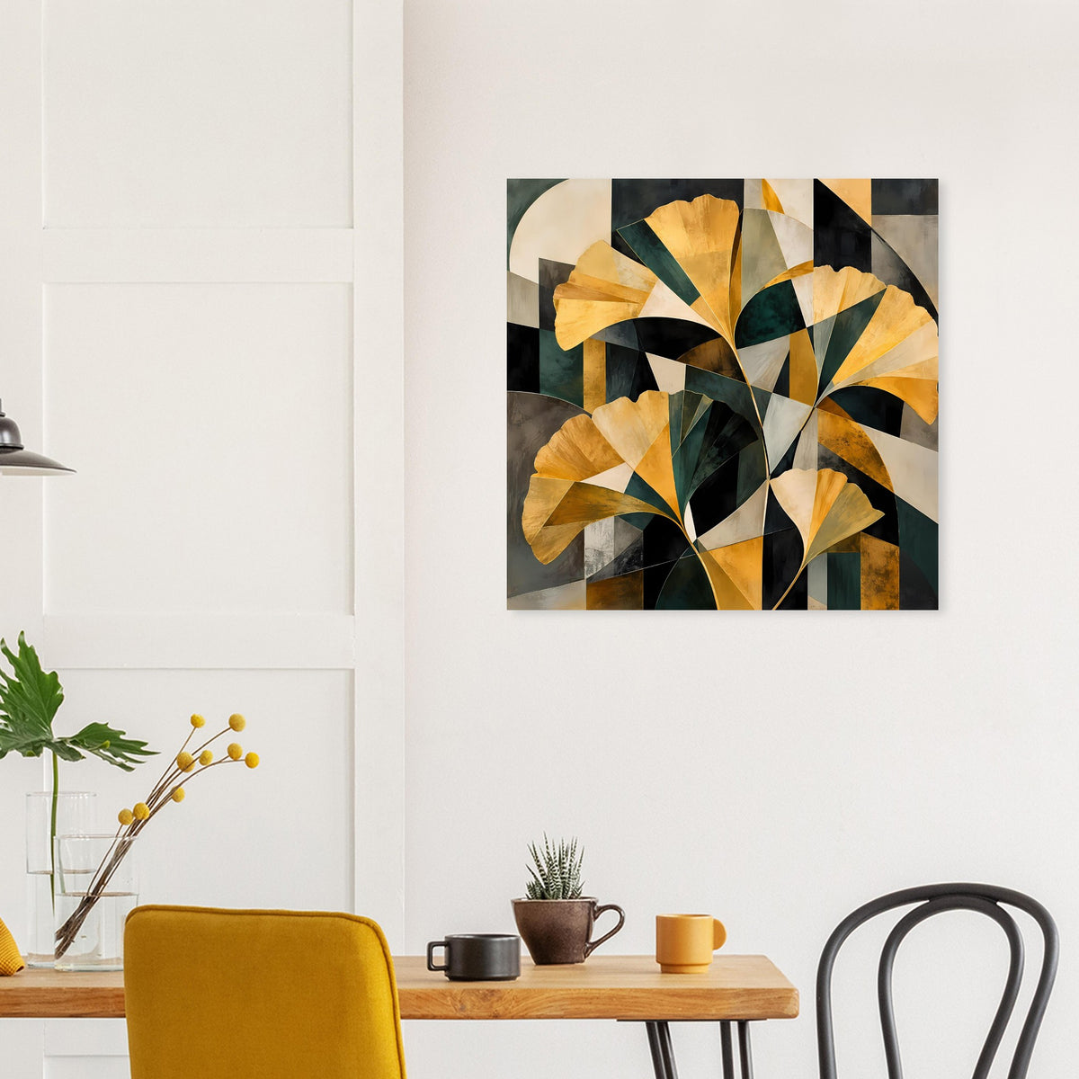 Abstraktes Blumenposter im Rahmen: goldene Dreiecke, tiefgrüne Schattierungen, dunkler Rand