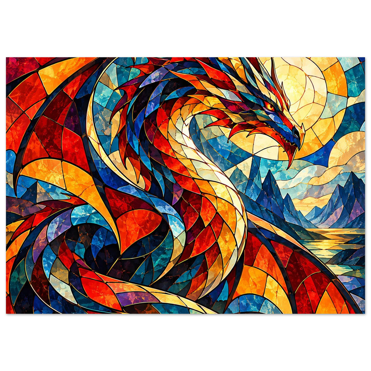 Drachen-Glasmalerei-Poster: Nahansicht Drache, rote, blaue und goldene Glassteinmuster