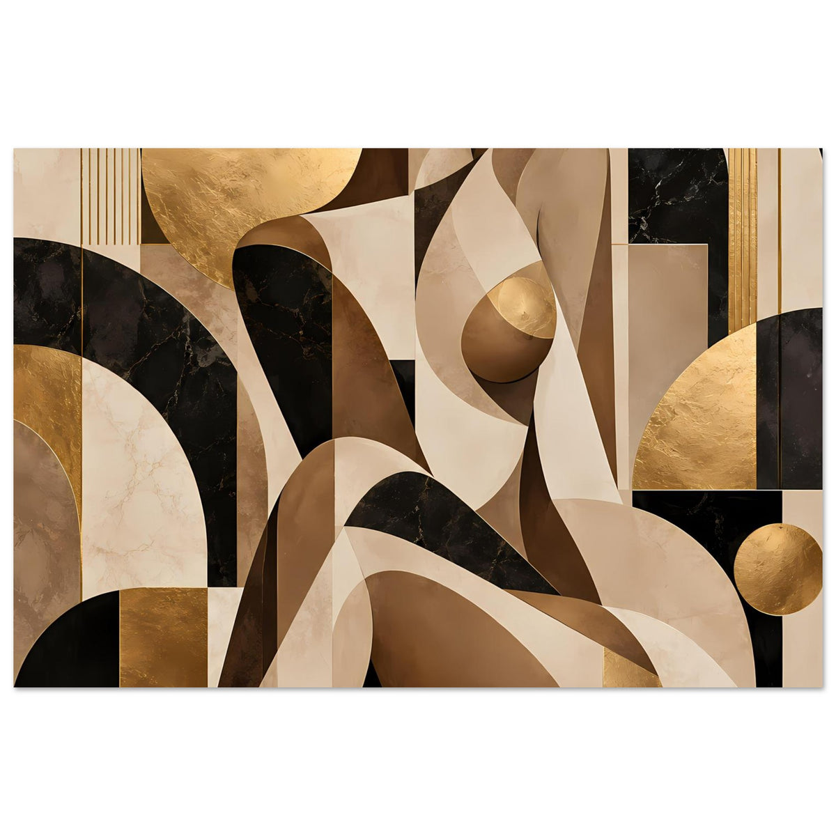 Abstraktes Kunstposter: warme Erdtöne, Goldflächen, Schwarz-Weiß-Kurven und Rechtecke
