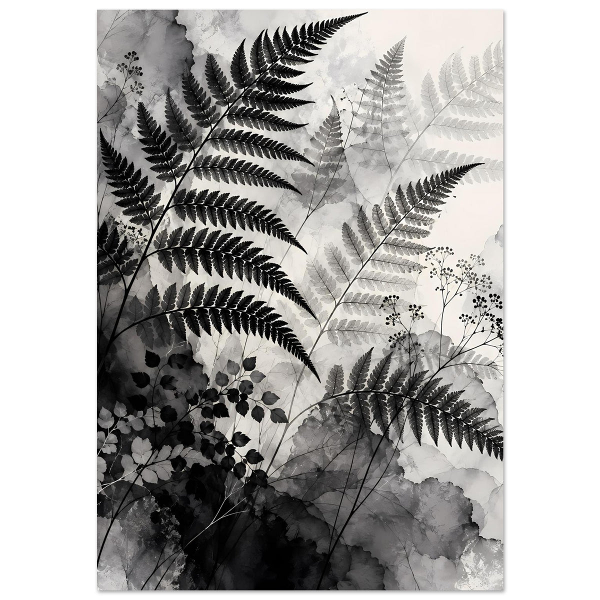 Botanisches Kunstposter mit Farnblättern, Blumen- und Blattzweigen in Schwarzweiß, hochformatig
