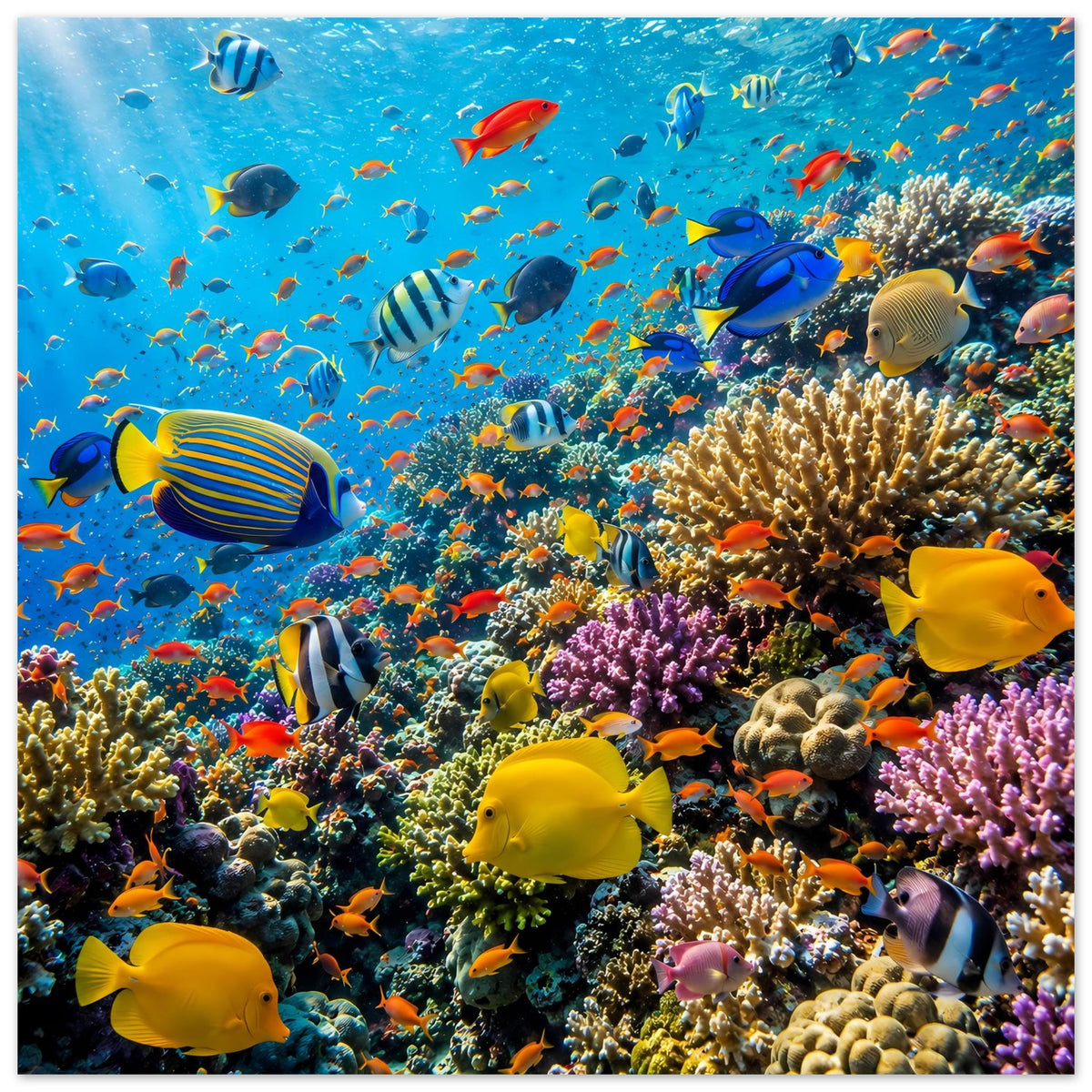 Poster mit Korallenriff, großen gelben Fischen und weiteren bunten Fischen