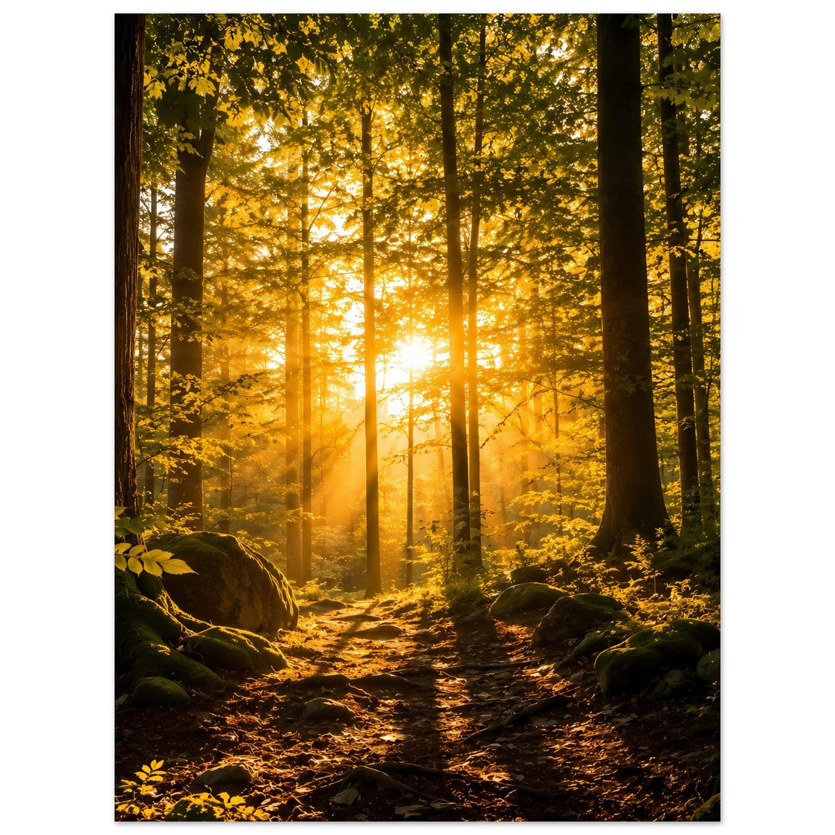 Waldposter mit warmem Lichtschimmer, Pfad durch den Wald, hohe Stämme und goldene Blätter