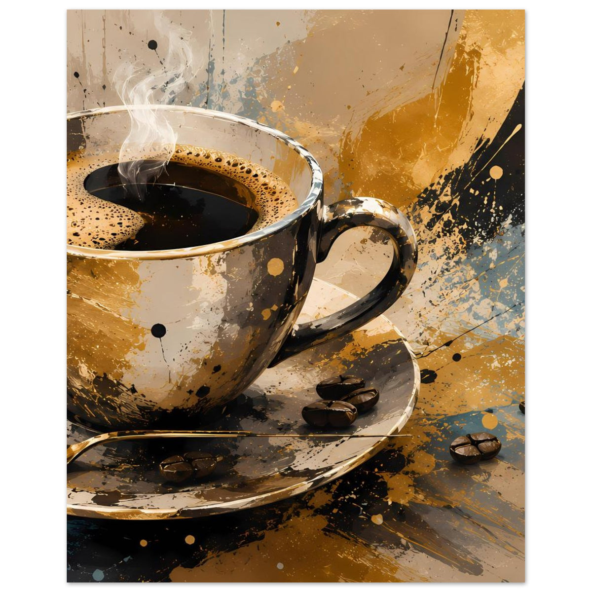 Hochformatiges Kaffeetassen-Poster mit dampfender Tasse, Untertasse und einzelnen Kaffeebohnen