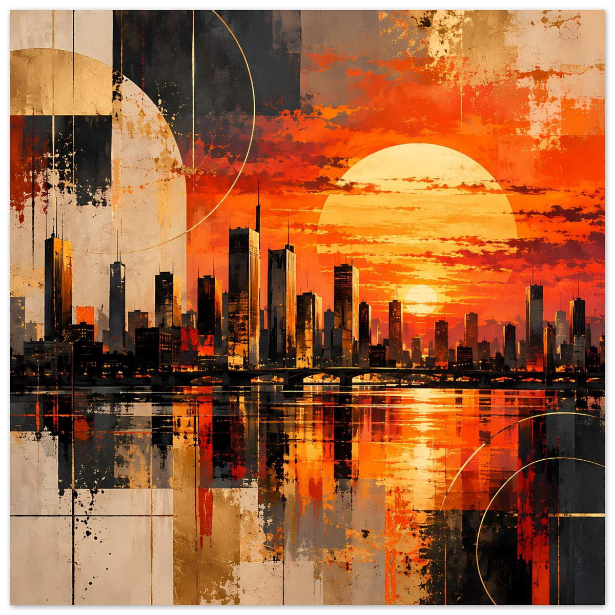 Poster mit abstrakter Stadtsilhouette, orangefarbenem Sonnenuntergang, großer Sonne und Kreislinien