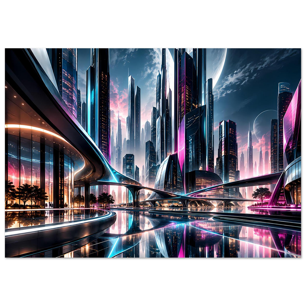 Neon-Stadt-Skyline-Poster mit futuristischer Architektur, Neonlicht und klaren Reflexionen