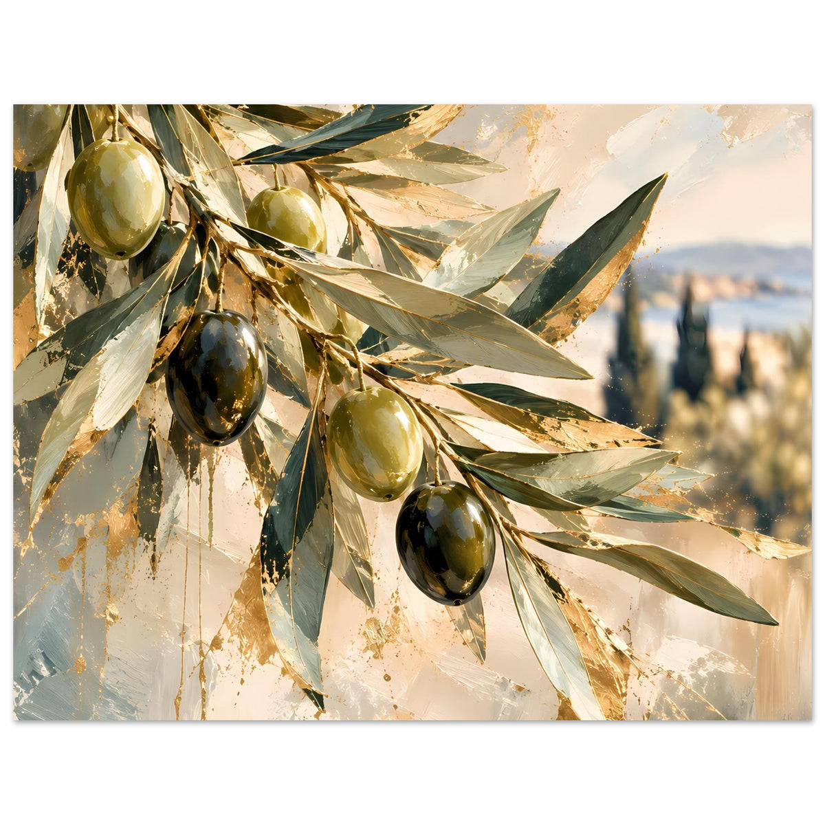 Olivenzweig-Kunstposter im Querformat, Olivenbund mit grünen und goldenen Blättern