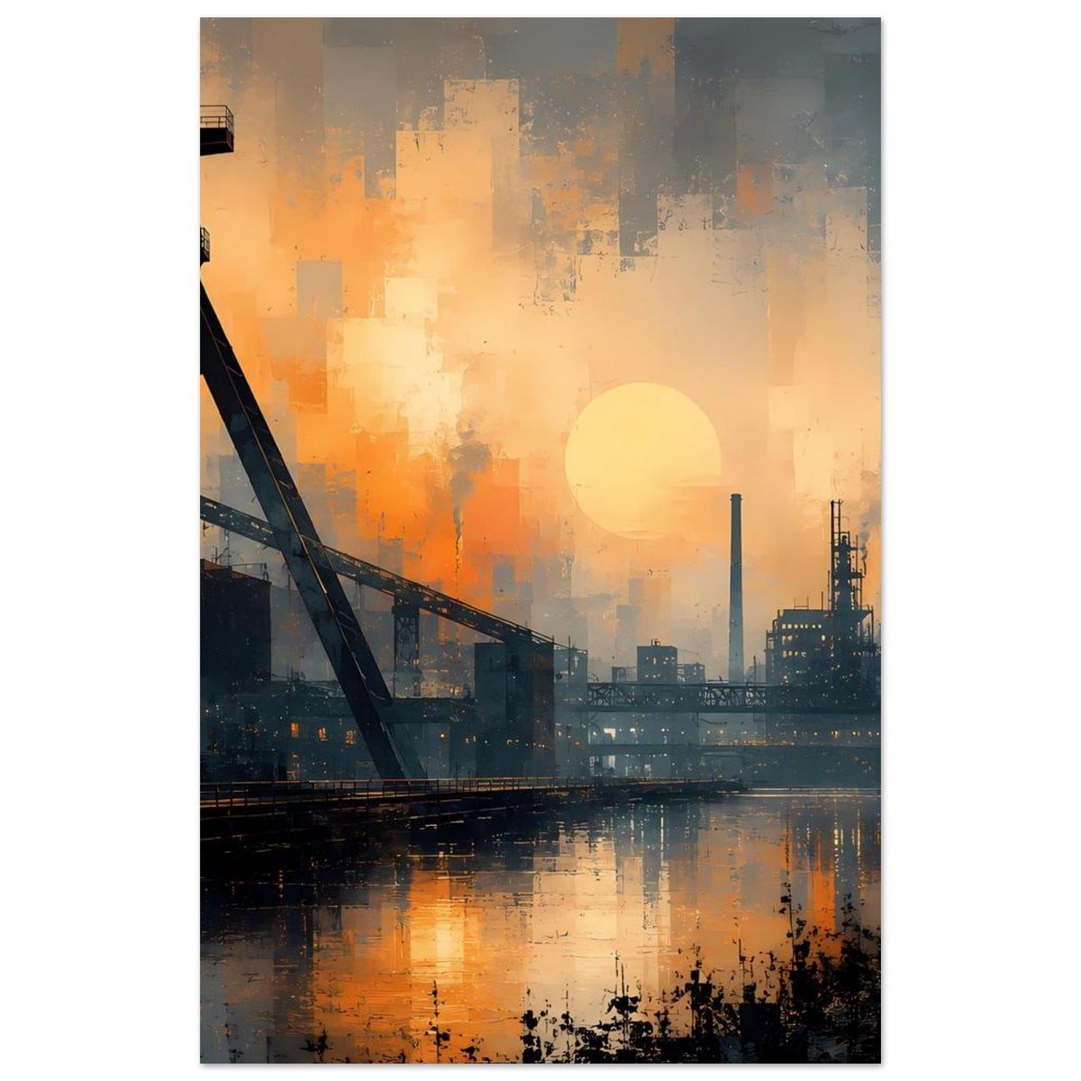 Industrie-Dämmerung Poster, vertikal: Industrieanlage links, Sonne mittig, Wasser unten gespiegelt