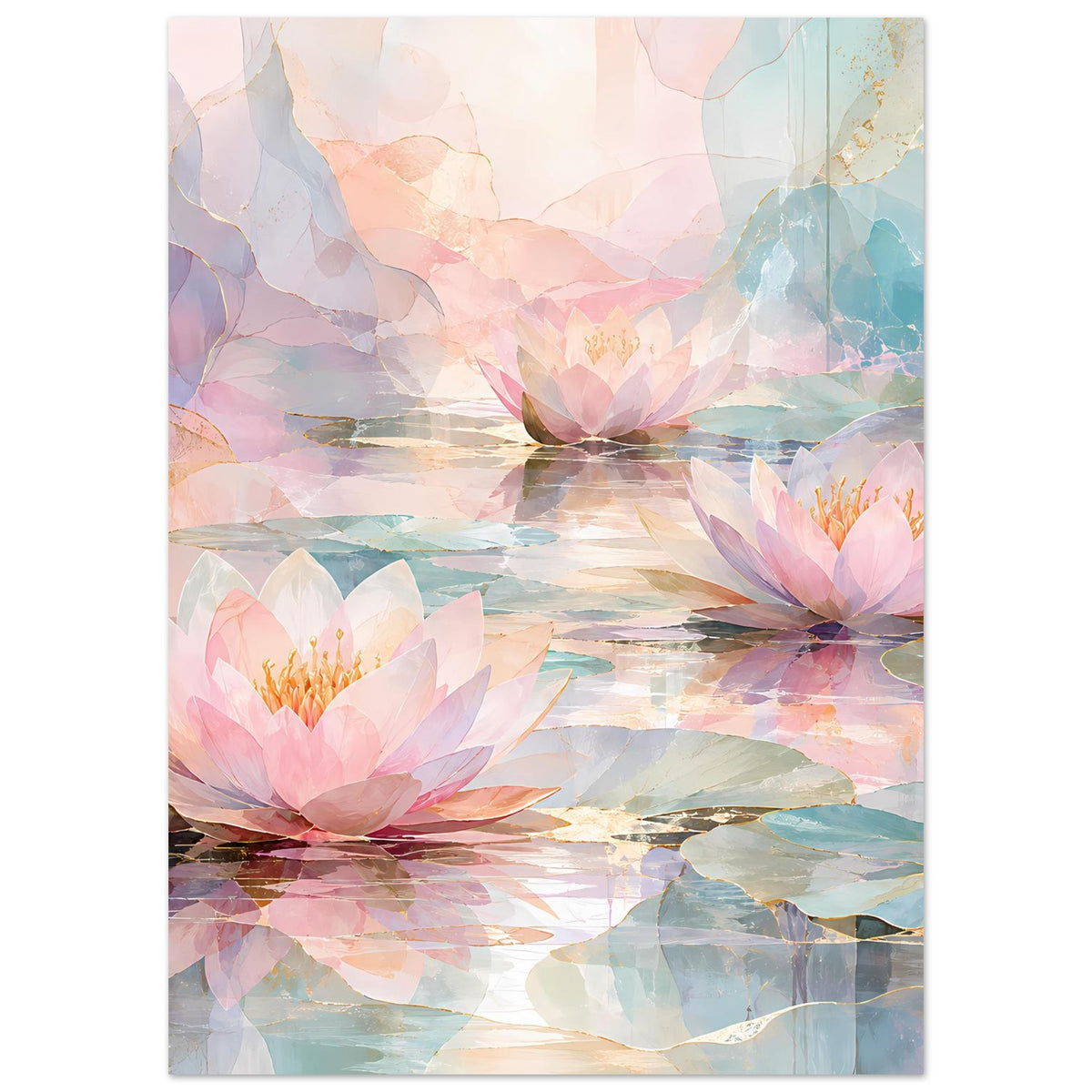 Florales Poster mit großen Seerosenblüten und spiegelnden Wasserstreifen in Pastellfarben.