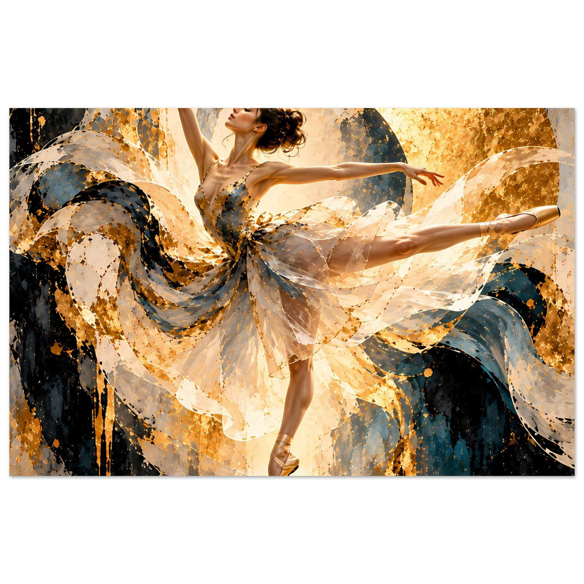 Ballettposter: tanzende Ballerina im beigen, goldenen Kleid mit abstrakten Farbspritzern