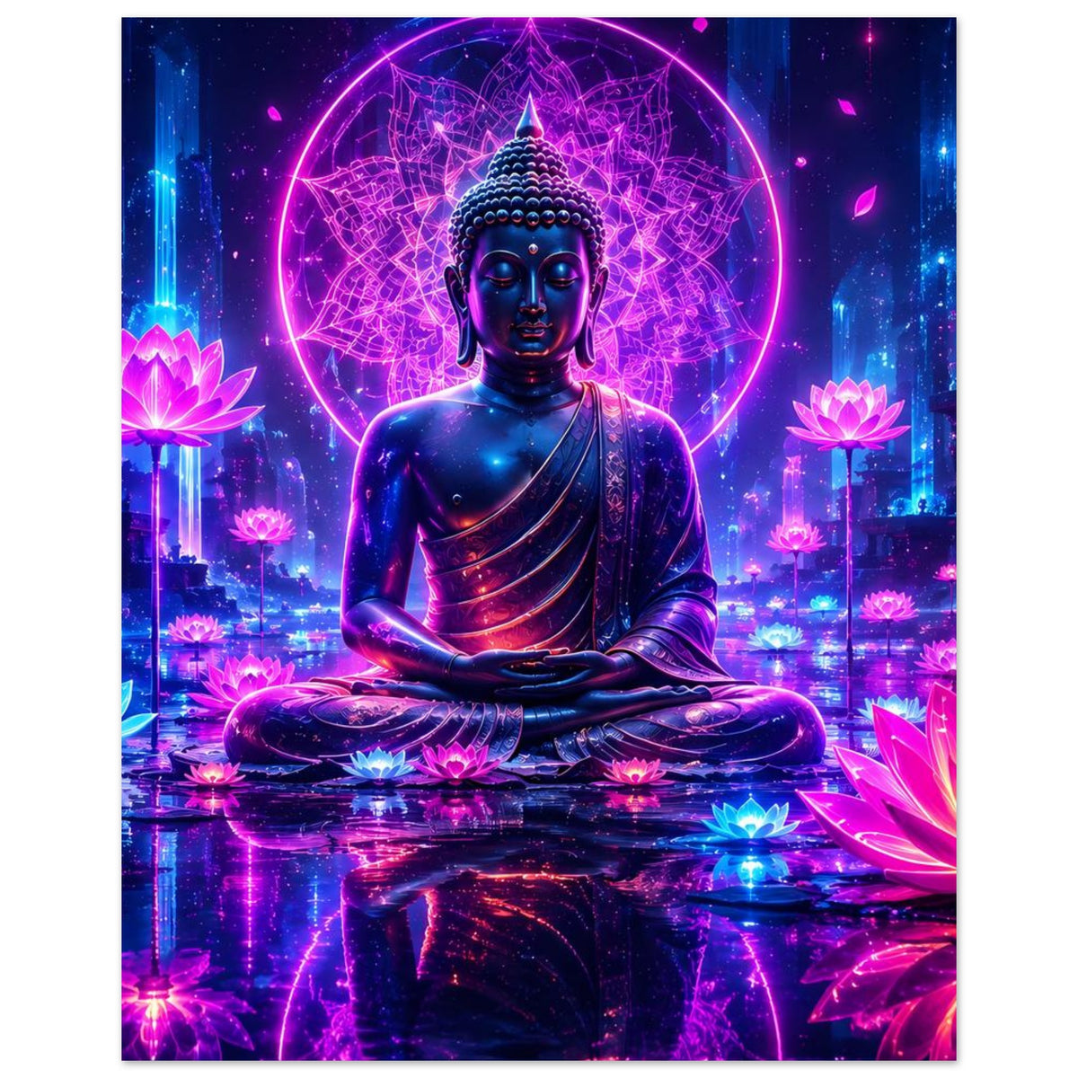 Neon-Buddha-Poster: meditierender blauer Buddha mit violetter Licht-Aura und leuchtenden Lotusblüten