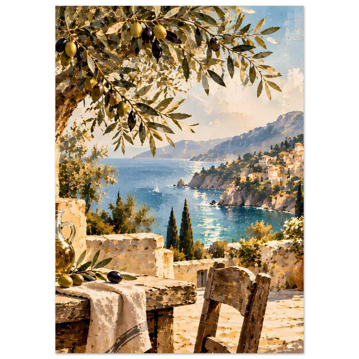 Vertikales Poster: Olivenzweig-Dekor oben, Küstenort am Wasser, Stuhl und Steine unten