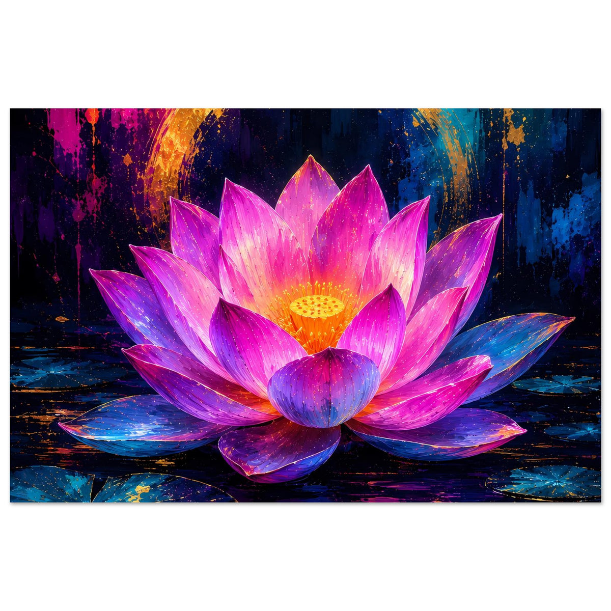 Blumenposter mit Lotusblütenmotiv in Rosa und Violett, goldener Schein im Hintergrund