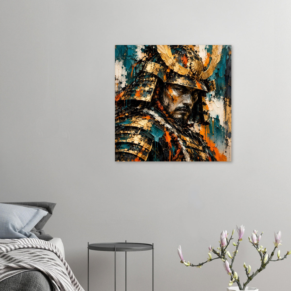 Kleines Poster: Samurai-Krieger im Portrait, Gold- und Türkistöne, orange Details