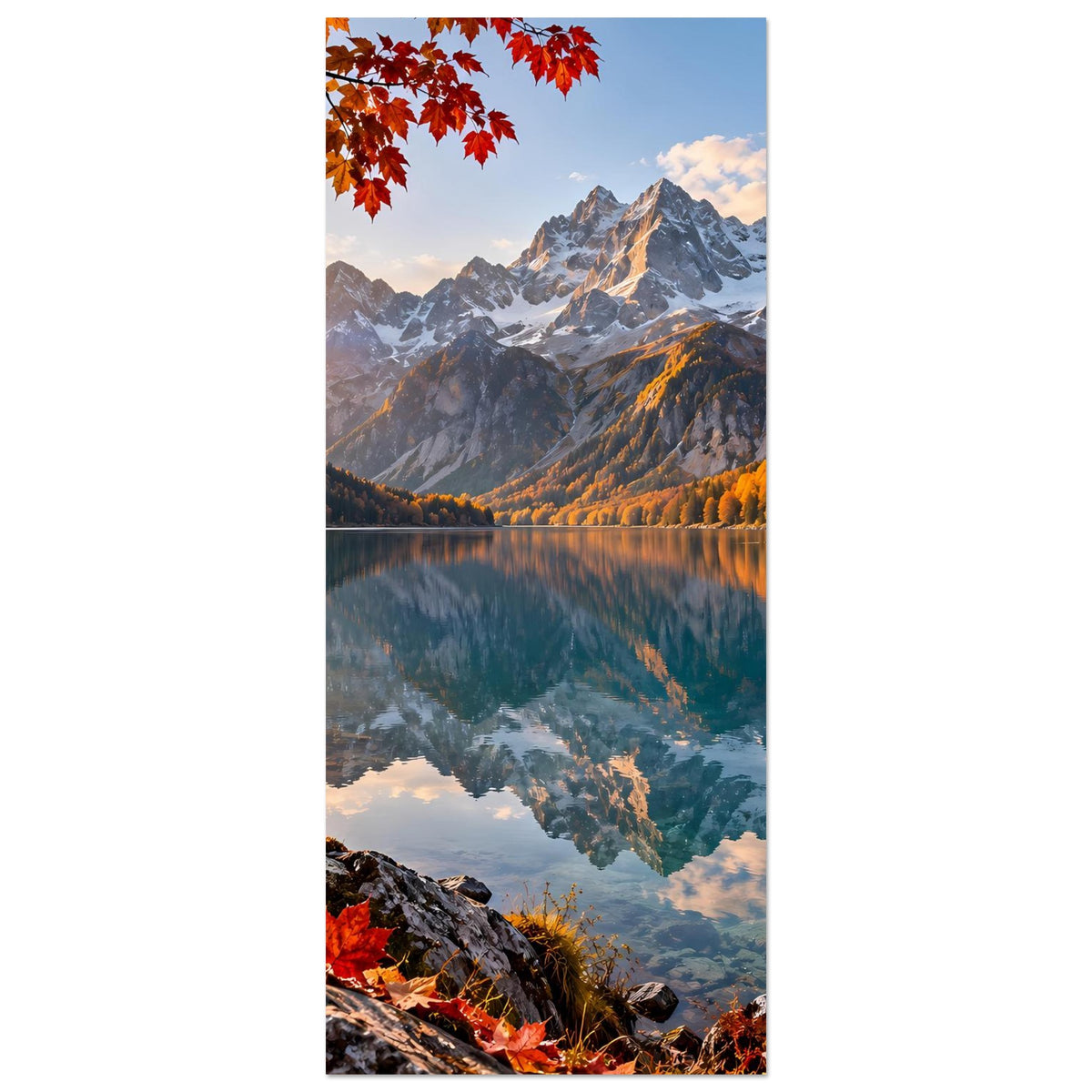Schmales Vertikalposter mit Alpenbergen, See-Spiegelung und roten Ahornblättern oben links